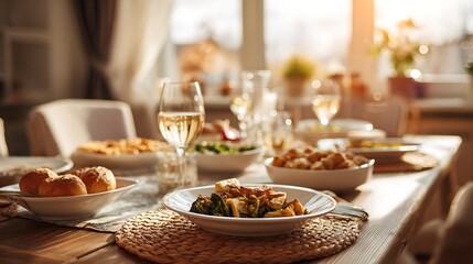 Fototapeta premium Tasty prepared meal served on dining table in warm natural light with cozy home background