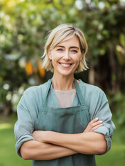 Fototapeta premium Smiling Blonde Woman in Apron Posing in Garden