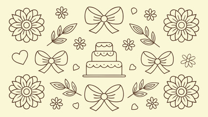 Elegant Wedding Cake Surrounded by Flowers Bows Hearts and Foliage in a Decorative Linear Arrangement for Invitations and Celebrations