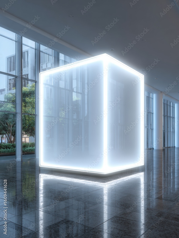 Poster abstract glowing cube illuminates art gallery space, merging modern design with artistic expression 