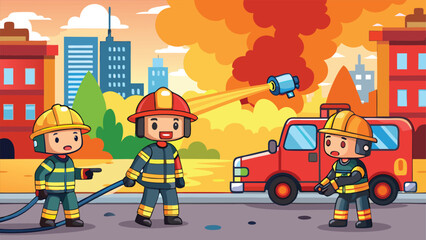 Fototapeta premium Firefighters battling flames in a busy city scene