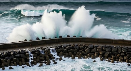 Dramatic coastal scenery featuring powerful waves crashing against a stone breakwater