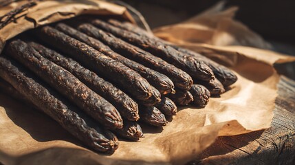 Thin dry kabanosy sausages arranged neatly on rustic surface smoked texture natural light traditional homemade look