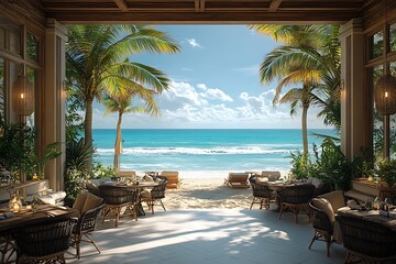 Tropical beach caf&eacute; with ocean backdrop high resolution picture