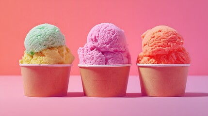 Three colorful ice cream cups on soft pink background with bright summer vibe
