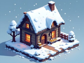 Naklejka premium Isometric Pixel Art Tavern in Winter Season with Snow-Covered Roof