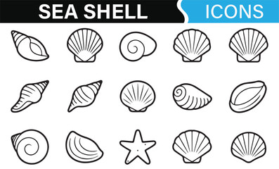 Sea Shell Icons Set Featuring Shells, Starfish, and Marine Symbols