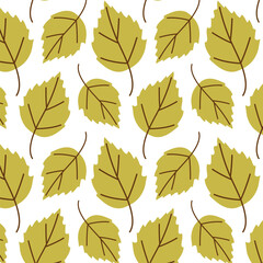Seamless green autumn leaf pattern on white background. Flat fall design.