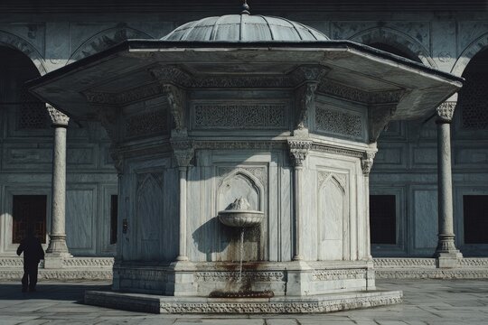 Ornate Marble Fountain with Domed Roof in a Palace Courtyard, Detailed Carvings, Soft Light, Man Walking By, Palatial, Historic Architecture, Turkish Style - Powered by Adobe