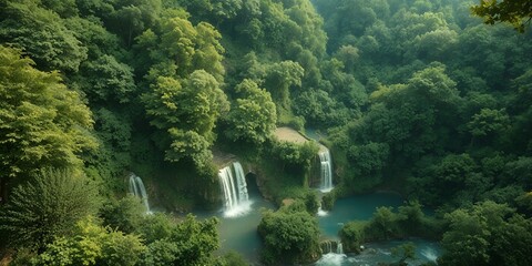 Aerial view of waterfalls cascading through a lush green forest landscape with vibrant foliage and water