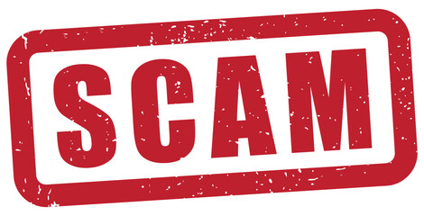scam text with a rubber stamp effect, distressed grunge texture, misinformation, hoax,disinformation,  deception, fraud, lie, mislead,itransparent background, red grunge rubber stamp, solated vector,