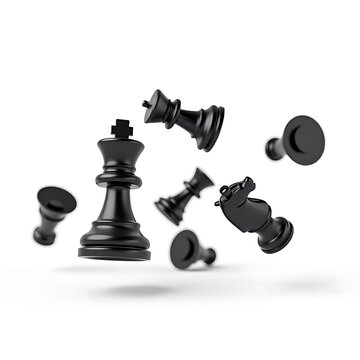 Black Chess Pieces Falling or Scattered on White Background