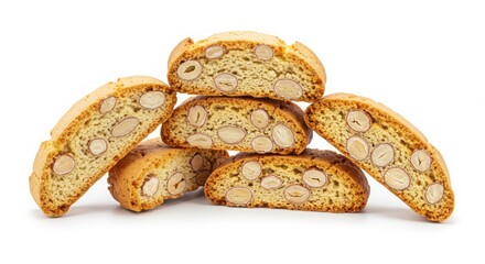 Fototapeta premium Isolated stack of almond biscotti with visible nut chunks on a white background