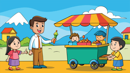 Children enjoy ice cream at a lively outdoor stand
