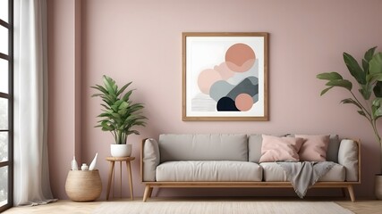 Mockup frame, poster empty close up in home design. Stylish interior of living room with design sofa, art paintings and home decorations. Modern interior design.