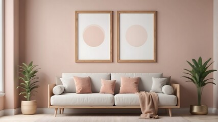 Minimalist interior with soft lighting, a boucle armchair, and sleek decorative accents. A balance of simplicity and elegance. Mockup frame, poster empty close up in home design
