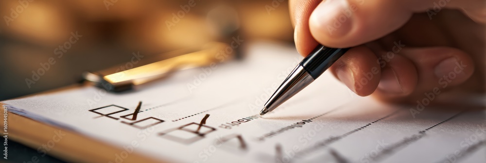 Poster checklist being marked in a blurred background with an open top layout