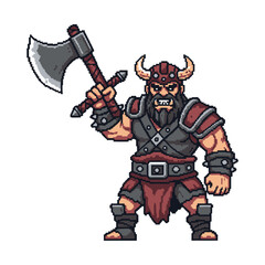 Obraz premium Fierce Pixel Art Barbarian Warrior with Axe and Horned Helmet.