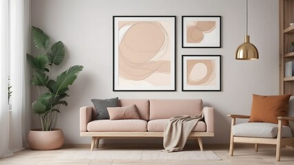 Stylish living area with earthy tones, lush plants, and contemporary furniture for a serene and chic vibe. Home decor.