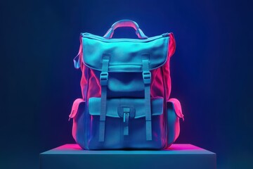 A light-blue backpack illuminated by vibrant neon lights.