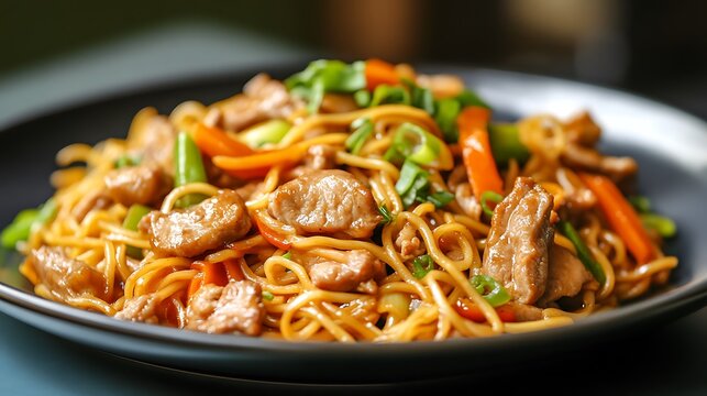 Traditional pancit noodles stir fried with pork and vegetables served on plate
