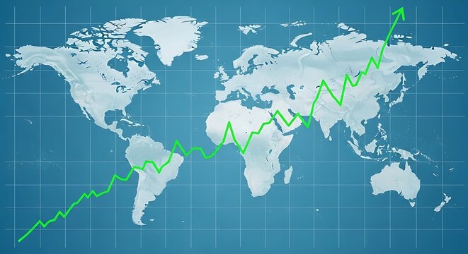 Global Economic Growth Chart: An Upward Trend Depicted on a World Map Background