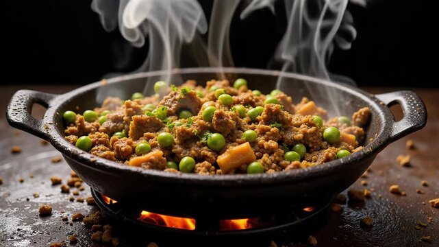 Glowing Skillet of Keema Matar with Minced Lamb and Peas on Iron Tawa with Fragrant Rising Fumes | 4K Food Footage