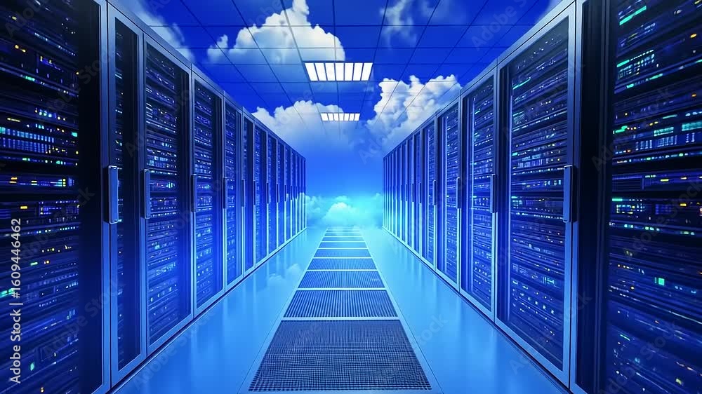 Poster futuristic data center corridor with rows of servers, illuminated by blue light and cloud reflection