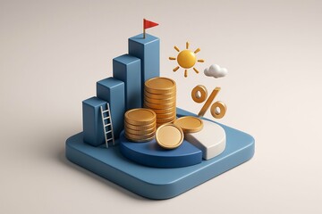 Stylized 3d growth chart with coins sun and percentage symbol