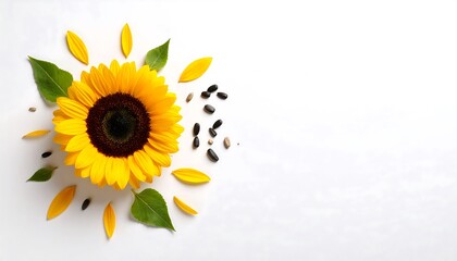 Obraz premium Sunflower, petals, seeds, and leaves arranged on white background