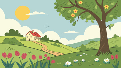 Fototapeta premium Spring Vector Cartoon Background - Blue Sky Clouds Sun Flowers Field Tree Green Meadow Landscape Sunny Day Summer Village Scene Valley Wallpaper