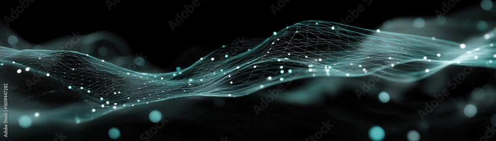 Poster a digital abstract wave with interconnected nodes and lines, representing data flow or network conne