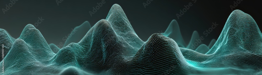 Poster digital 3d terrain model with glowing grid lines forming abstract mountainous shapes in a futuristic
