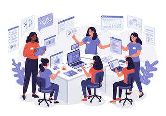 Obraz premium Diverse Team Collaboration: Women Working Together on Tech Projects at a Table.