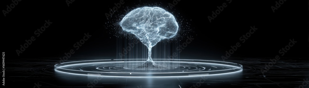 Poster a digital hologram of a brain made from ai mesh is projected above a circular platform, symbolizing 
