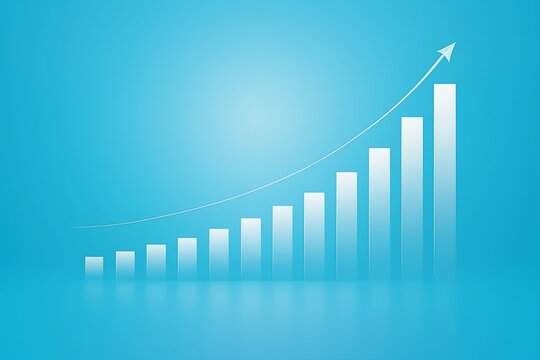 Growing financial chart with upward trend and arrow on blue background