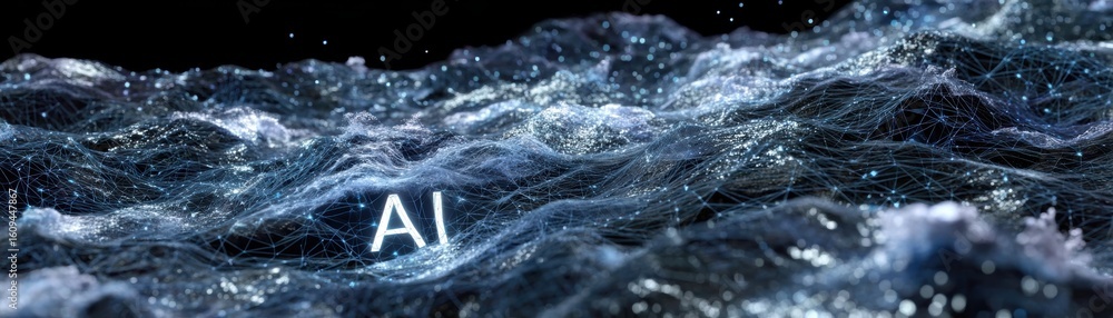 Poster a digital wave composed of interconnected nodes and lines represents ai technology in a futuristic, 