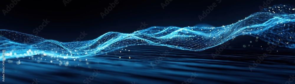 Poster abstract digital wave of blue glowing particles and lines on a dark background, representing data fl