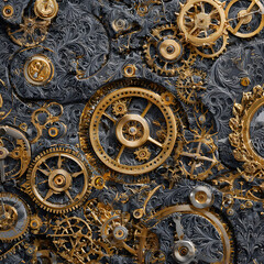 Intricate Clockwork Mechanism: Detailed Close-Up of Gears, Watch Parts, and Ornate Design
