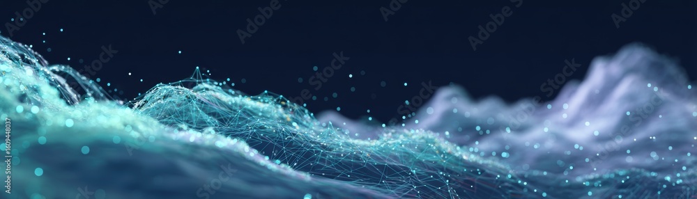 Poster abstract digital waves with glowing blue lines and dots form a futuristic network or data visualizat