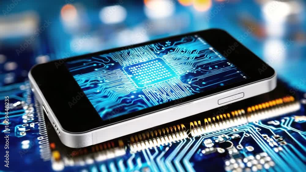 Poster smartphone with microchip circuitry display on abstract technology background