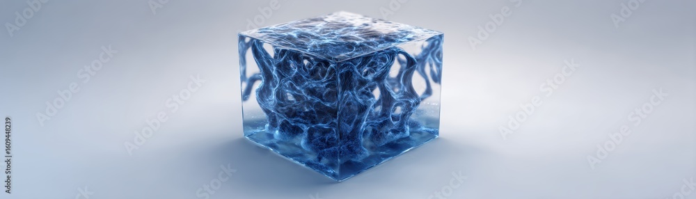 Poster a translucent blue filaments weaving cube filled with an intricate, tangled web-like structure rests