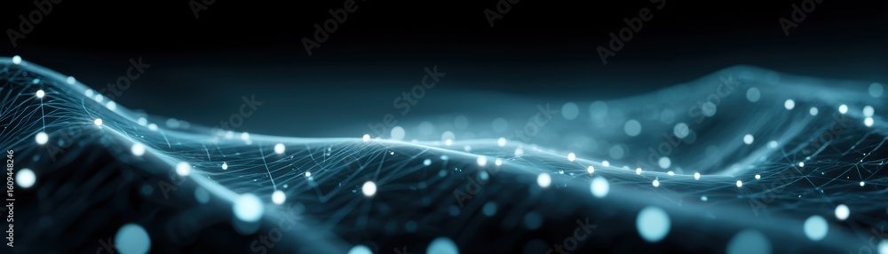 Poster abstract digital waves with glowing nodes and connecting lines form a futuristic network pattern on 