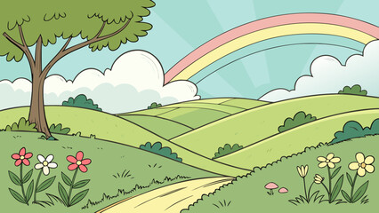 Naklejka premium Beautiful Cartoon Vector Landscape Illustration - Peaceful Countryside Scene Green Hills Blue Sky Clouds Flowers Sunlight Rainbow Natural Environment