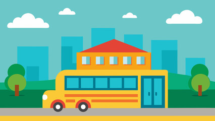 Back to School Bus Arriving at Front of School