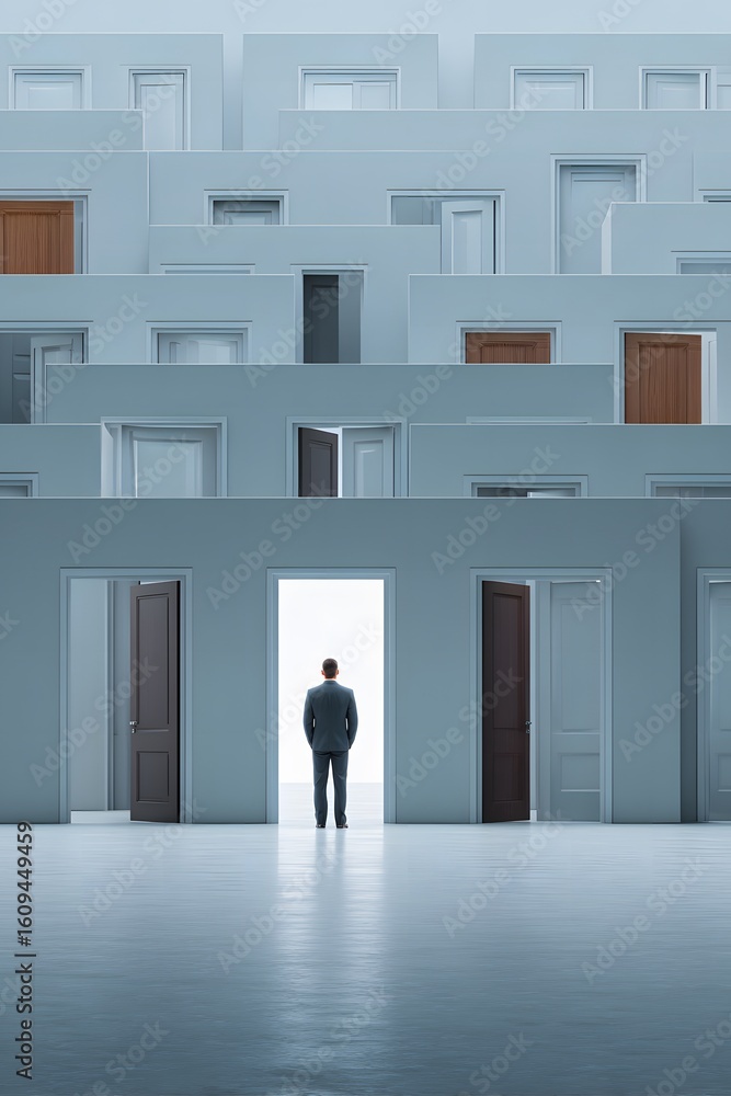 Poster individual standing in front of multiple doors in a minimalist space, contemplating choices and oppo