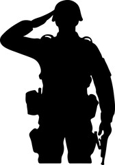 A black silhouette of a soldier in uniform, wearing a helmet and equipment, performing a salute. The soldier is holding a handgun in their other hand.