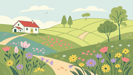 Fototapeta premium Bright Sunny Country Vector Scene - Rolling Hills Green Meadows Colorful Flowers Peaceful Farmhouse Spring Landscape