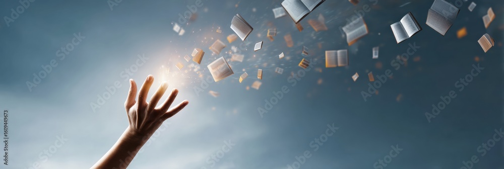 Poster hand reaches for knowledge icons in a vibrant abstract setting symbolizing aspiration and learning