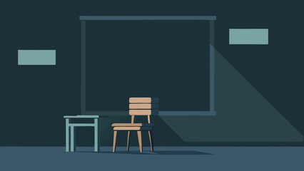 Fototapeta premium Dark Room with Dusty Chalkboard and Stacked Chair